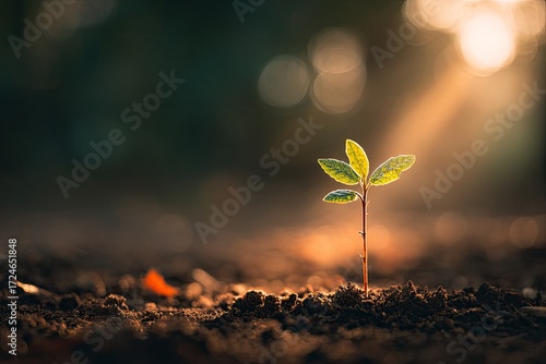 A small sprout emerging from soil, bathed in golden sunlight