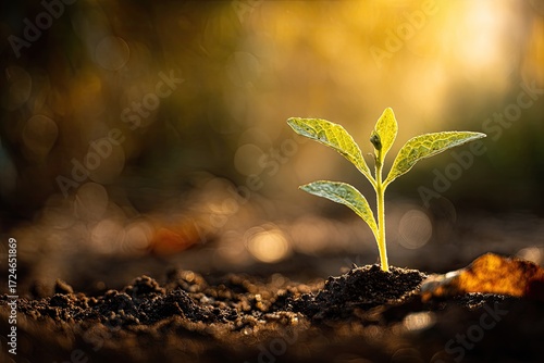 A young sprout emerging from the earth, bathed in golden sunlight