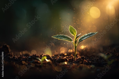 A vibrant sprout emerging from the soil, bathed in golden sunlight