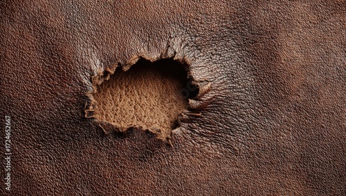 Close-up of a brown leather surface with a ragged hole.  The leather shows signs of wear and age