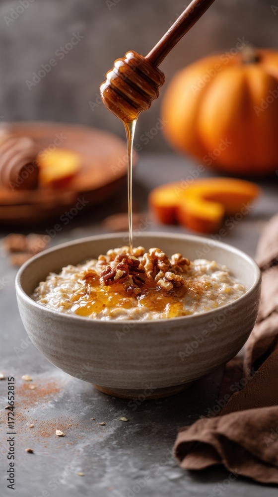 Fototapeta premium A cozy bowl of autumn oatmeal features creamy pumpkin puree, drizzled honey, and crunchy pecans. This inviting breakfast is perfect for chilly mornings in fall