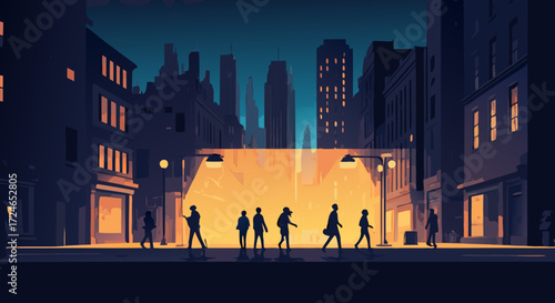 Urban Silhouette: A captivating illustration depicts figures walking in a bustling cityscape at twilight, their silhouettes set against the illuminated glow of a vibrant street scene. 