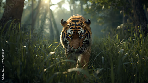 Canvas Print A tiger stalks its prey in the forest