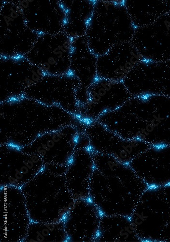Abstract fractal pattern of glowing, interconnected shapes on a deep black background.  Light blue-toned lines and points radiate outward from a central point, creating a complex, symmetrical design