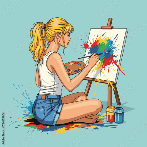 Young blonde woman painting on an easel with colorful paint splatters, expressing creativity and artistic passion.