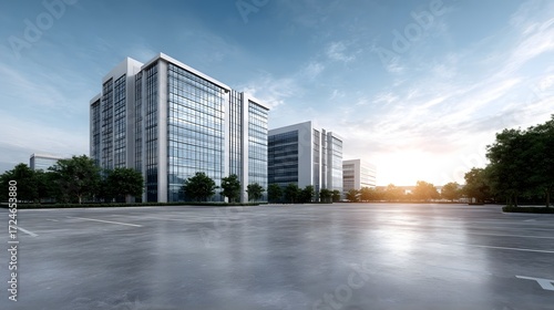 Wallpaper Mural Modern office complex with a vast empty parking lot under a clear blue sky with warm sunlight Torontodigital.ca