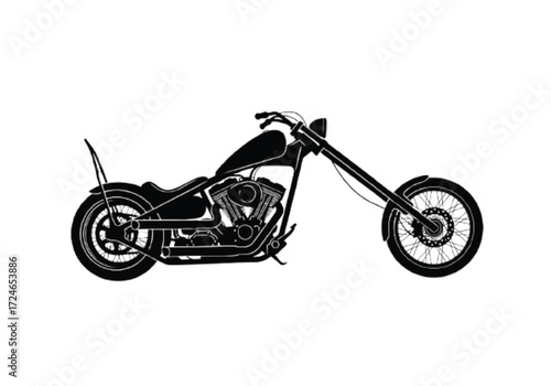 Classic custom chopper motorcycle silhouette in black and white. Vector graphic illustration of a vintage biker ride isolated on a white background