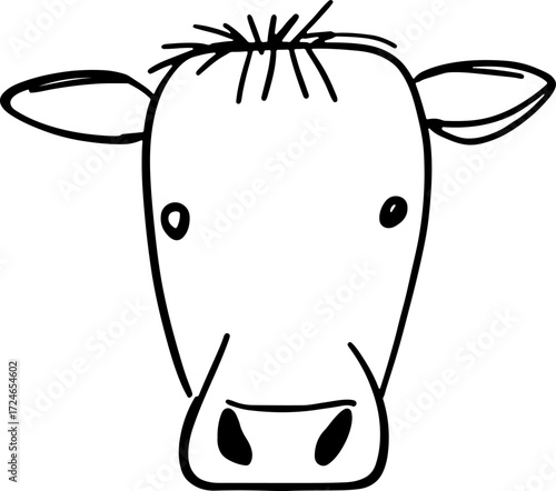 Cartoon doodle cow face with long snout, sketch vector for farm or food content