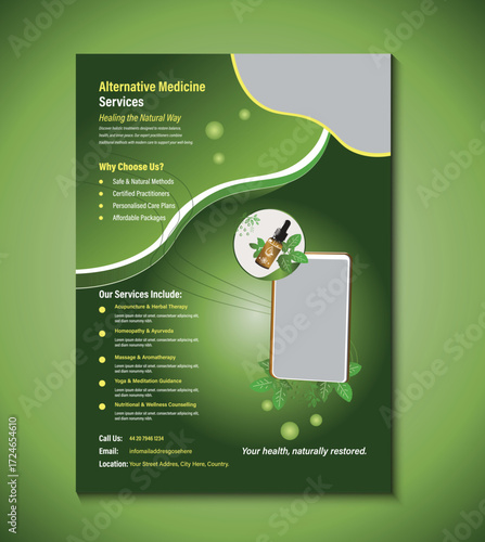 Creative flyer template for alternative medicine services, featuring natural therapy design, holistic wellness promotion, herbal care, acupuncture, and health consultation with editable layout.