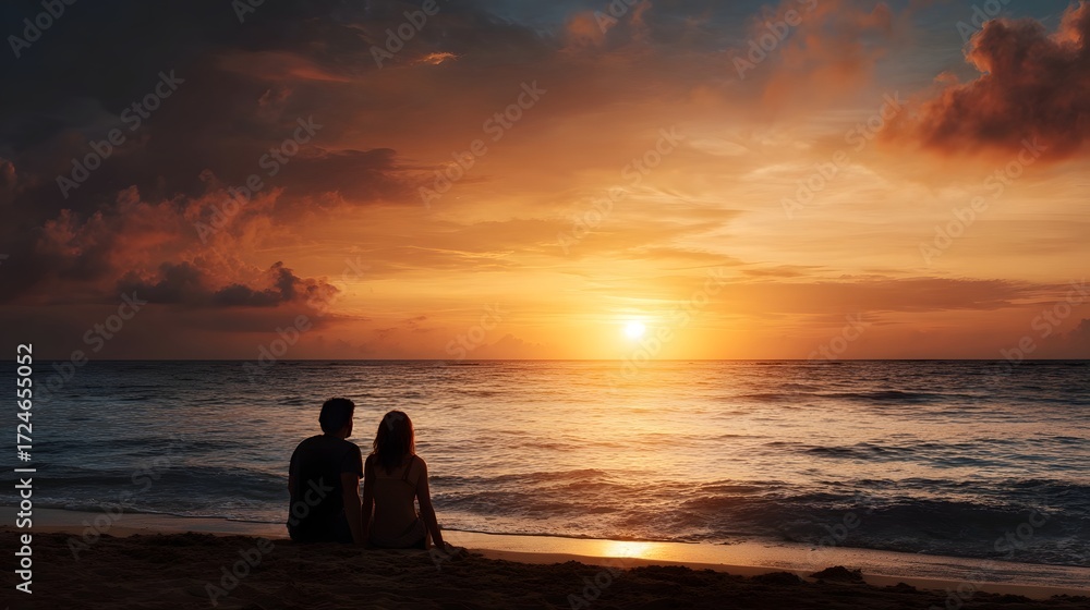 Fototapeta premium A couple sits on a beach silhouetted against a vibrant golden sunset over the ocean creating a romantic and serene scene