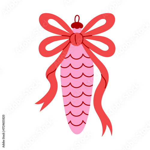 Pinecone Christmas Ornament with Coquette Bow. Vintage Pastel Pink Cone Bauble with Curly Ribbon Knot. Flat vector illustration. Kawaii girlish aesthetic, for decorative holiday card design.