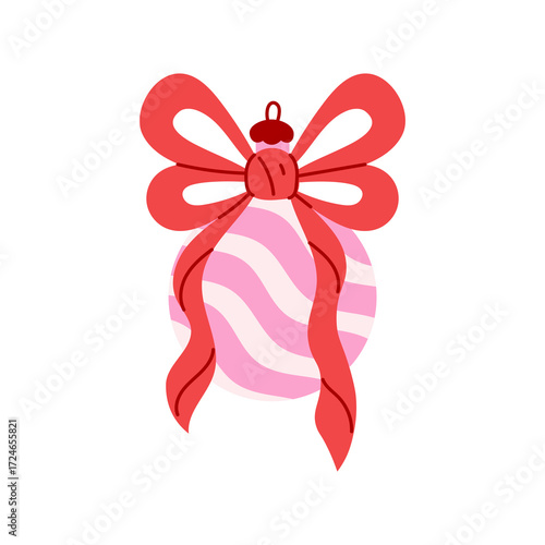 Round Pink Christmas Ornament with Ribbon Bow. Cute coquette Xmas Decoration. Kawaii Cartoon Pastel Bauble with curly Knot. Hand drawn Flat vector illustration for girly holiday design