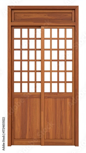 Rich-toned wood sliding door with a gridded upper panel and solid lower panel, set within a simple frame