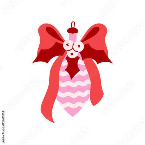 Christmas Ornament with Holly and Bow. Pink Holiday Decoration Element with leaves, berries and red curly ribbon. Coquette aesthetic, girlish flat vector illustration.