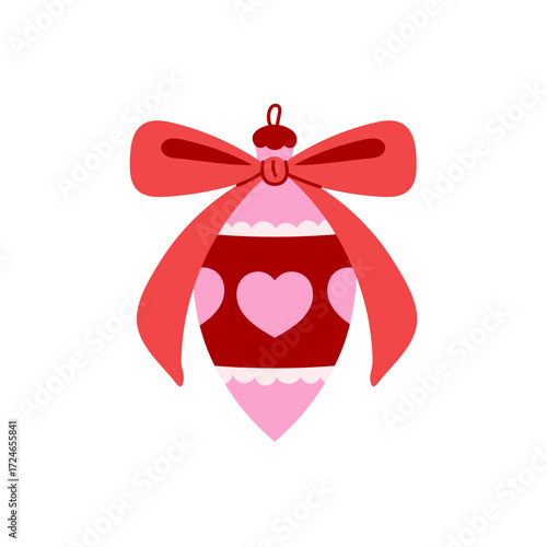 Pink Christmas Bauble with Heart and Bow. Retro Pastel Teardrop Holiday Ornament tied with red ribbon. Kawaii Coquette aesthetic. Flat vector design for girlish holiday design