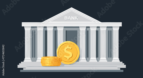 Bank and Coin: A stylized illustration depicts a classic bank building with a stack of golden coins and a large coin, symbolizing financial security and wealth.