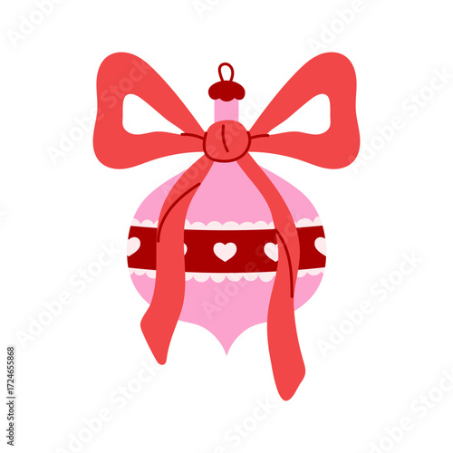 Coquette Christmas Ornament with Ribbon and Heart. Hand Drawn Vintage Pink Round Bauble with curly tied bow. Kawaii Xmas decoration. Flat vector illustration for girlish festive design.
