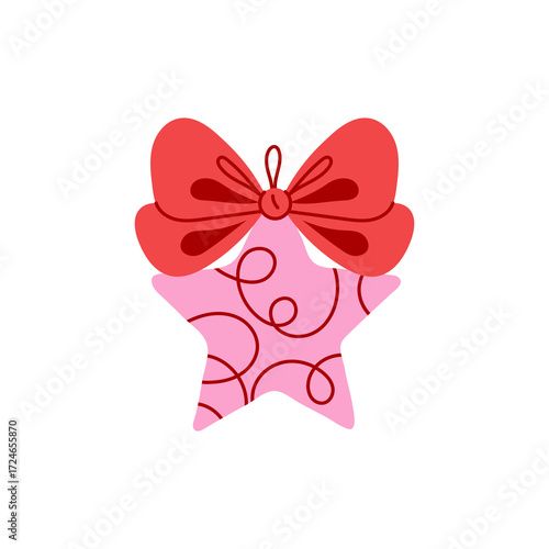 Star Christmas Ornament with Bow. Cute pastel Xmas Decoration with curly pattern and red tied ribbon. Kawaii coquette design element for girlish holiday. Flat vector illustration
