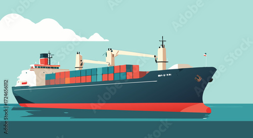 Global Cargo Carrier: A vibrant illustration showcases a large container ship sailing the open ocean, symbolizing international trade and maritime transport with a clean and contemporary aesthetic.