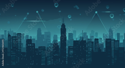 Cityscape in Silhouette: An illuminated cityscape bathed in twilight, where modern skyscrapers stand as dark silhouettes against a turquoise-blue night sky.