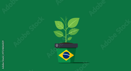Brazilian sprout : A conceptual design of a plant sprouting from a pot adorned with a simplified Brazilian flag. a metaphorical blend of nature, culture, growth, and national identity.