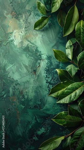 Lush green leaves frame a dark, textured, marbled background; a moody, vertical nature scene