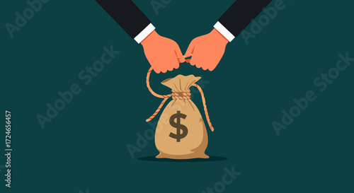 Financial Transaction: Symbolic representation of a financial transaction, with hands securing a bag of money, illustrating concepts of investment, security, and wealth.