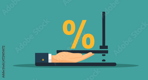 Loan and interest concept: A visual representation of interest rate concept, with a hand presenting a percentage sign, depicting the financial concept. 