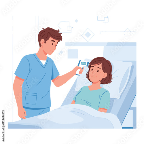 Male nurse checking a female patient's temperature with a non-contact thermometer in a hospital room.