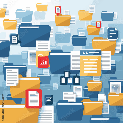 Digital file management system with numerous folders and documents representing data organization and information flow.