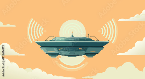 UFO in the Sky: A vector illustration captures a retro UFO soaring through a stylized sky. Evoking a sense of wonder and mystery.