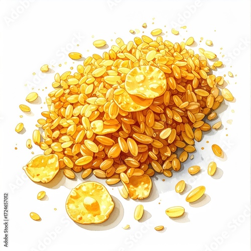 A vibrant illustration of a pile of golden, puffed cereal, with some larger, crispier pieces scattered around it, set against a stark white background