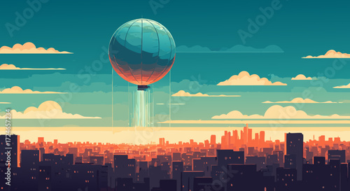 Soaring Dreams Above the Metropolis: A vibrant illustration depicts a majestic hot air balloon ascending over a sprawling cityscape, symbolizing aspiration and exploration.