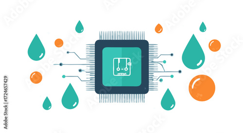 Digital circuit design and water drops: A vibrant digital circuit, with a water-themed, artfully arranged to visually represent the intersection of technology and environmental considerations.