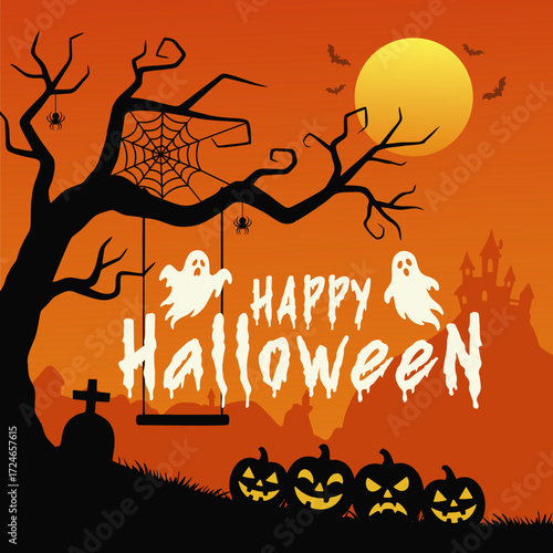 Spooky Halloween background with haunted house, pumpkins, flying bats, ghosts, spider web, and full moon. Dark graveyard night scene illustration.