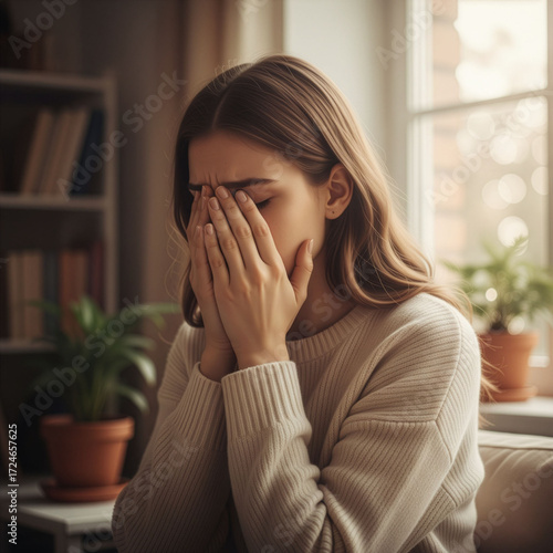 portrait of a young, sad woman who covers her face with her hands