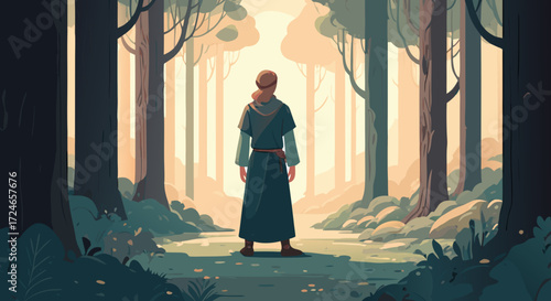 A lone traveler standing amidst an ethereal forest: A lone figure stands amidst a tranquil woodland. Light filtering through the trees creates an otherwordly atmosphere.