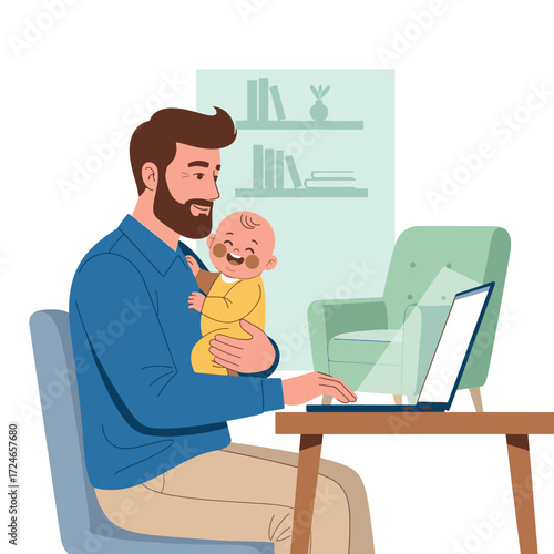 A bearded man holding a happy baby while working on a laptop at home.