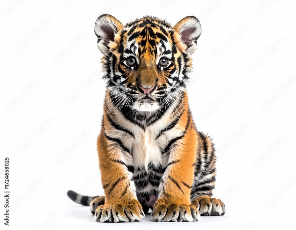 Fototapeta premium Adorable tiger cub seated upright. Orange and black stripes, expressive eyes. Paws outstretched, tail visible. Isolated against white backdrop