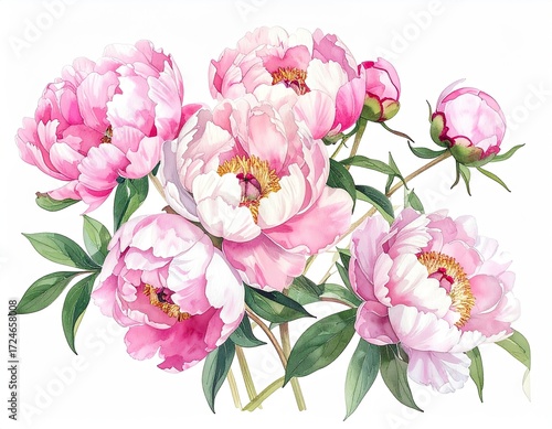 A cluster of blush pink peonies, some in full bloom, others budding, with lush green leaves, set against a stark white background, rendered in a detailed, painterly style