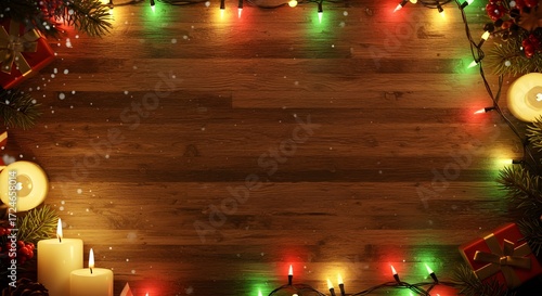 Christmas street lights and glowing urban decorations illuminate the night with bokeh and car traffic motion