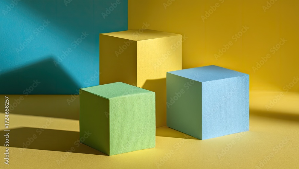 Fototapeta premium Three pastel-colored cubes on a yellow and teal background, casting dramatic shadows