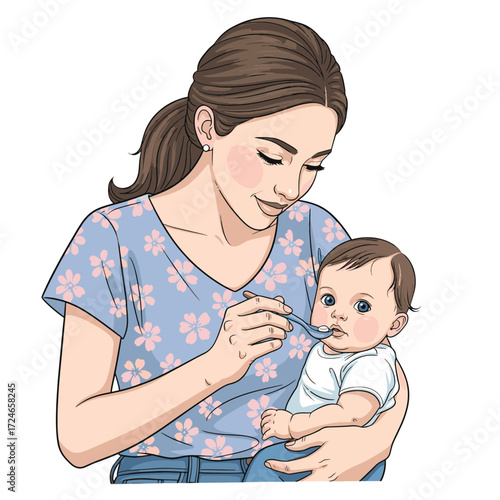 A loving mother gently feeds her adorable baby solid food with a small spoon, illustrating a tender moment of care and nourishment.