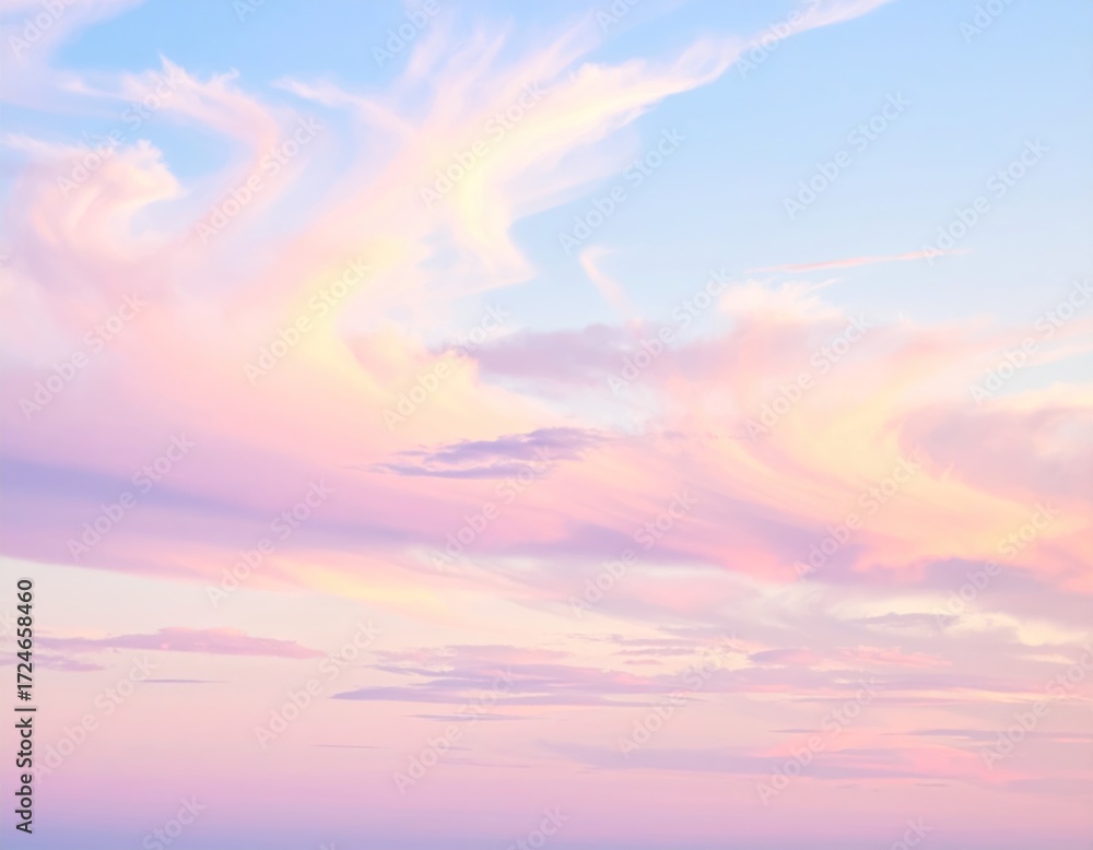 Fototapeta premium Dreamy clouds at sunrise. Sky is pastel pink, violet and light blue, swirled in feathery patterns, evoking a feeling of serenity