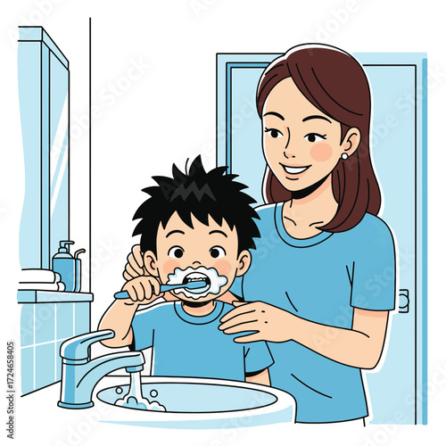 A mother lovingly guides her young son as he brushes his teeth in a bright, tiled bathroom with a running faucet and foamy sink.
