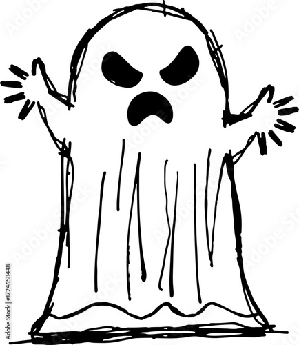Doodle sketch small-armed ghost, quirky cartoon design for kids’ Halloween content