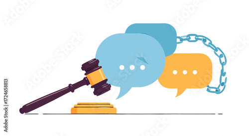 Judicial Dialogue: A symbolic depiction of communication, justice, and legal process using speech bubbles and a gavel.