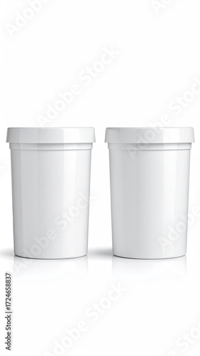 Wallpaper Mural Two identical, short, cylindrical, white plastic containers with matching lids, sitting on a white background, subtly casting reflections Torontodigital.ca