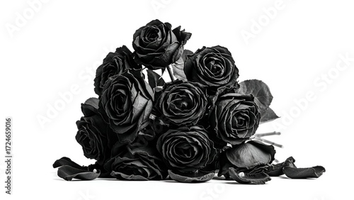 Elegant black rose bouquet with wilted petals on white background for artistic design and concept