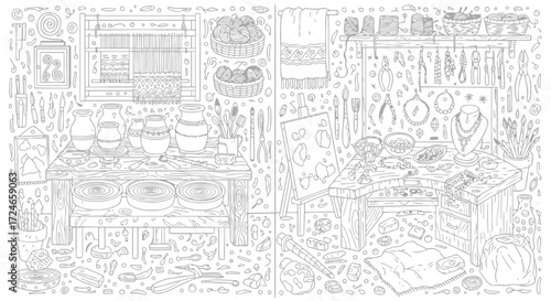 Vector illustration artisan’s workshop with crafting tools, handmade projects, and creative doodle art for coloring page
